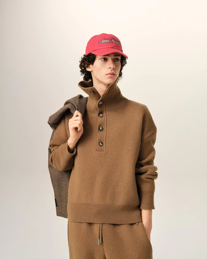 AMI PARIS - Pull col montant boutonné en laine Camel
