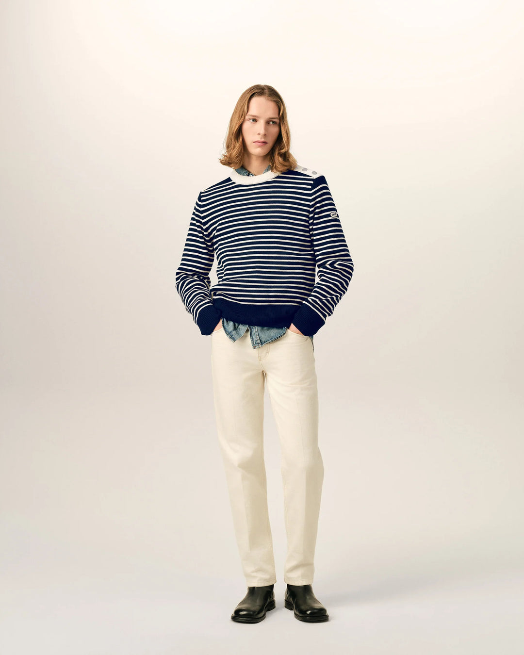 AMI PARIS - Pull marinière en laine Bleu marine / Ivoire