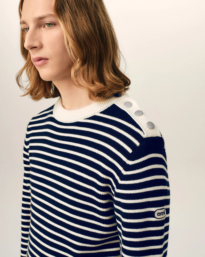 AMI PARIS - Pull marinière en laine Bleu marine / Ivoire