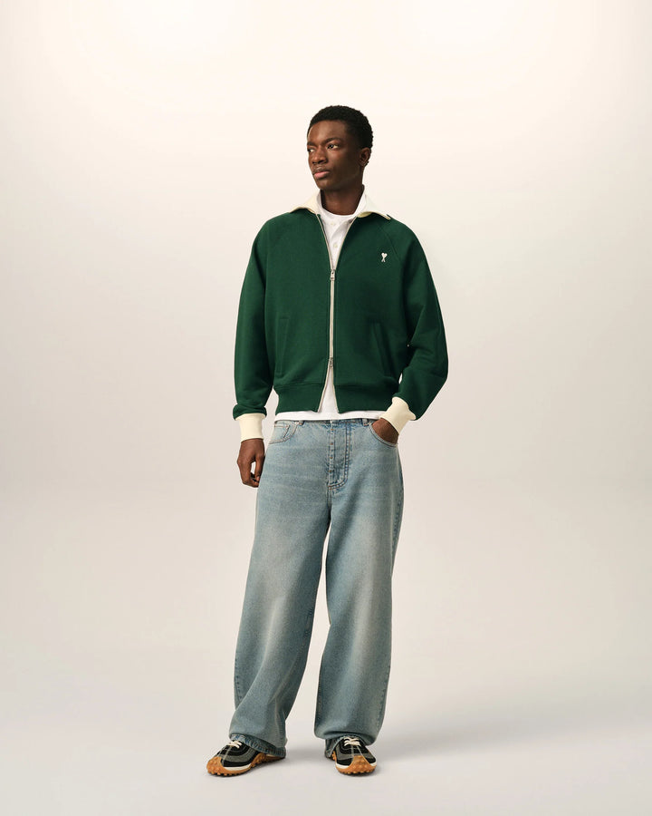 AMI PARIS - Sweat zippé Ami de Cœur Vert bouteille / Ivoire