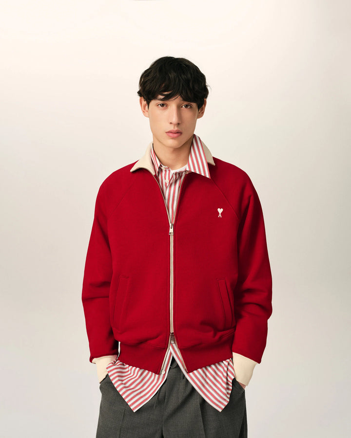 AMI PARIS - Sweatshirt zippé Ami de Cœur en coton Rouge rubis / Ivoire