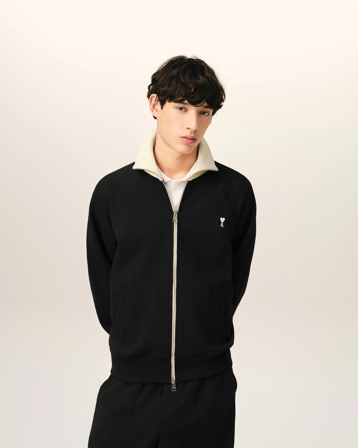 AMI PARIS - Sweatshirt zippé Ami de Cœur en coton Noir / Ivoire