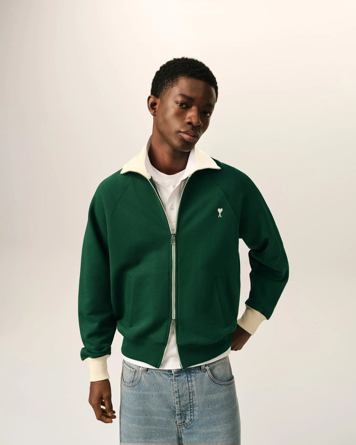 AMI PARIS - Sweat zippé Ami de Cœur Vert bouteille / Ivoire