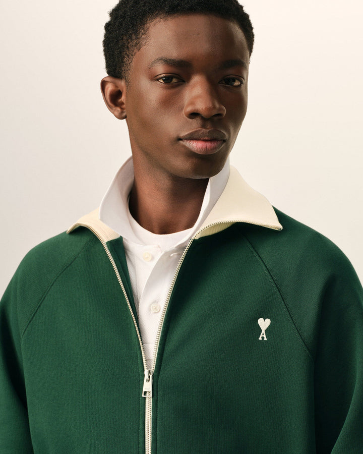 AMI PARIS - Sweat zippé Ami de Cœur Vert bouteille / Ivoire