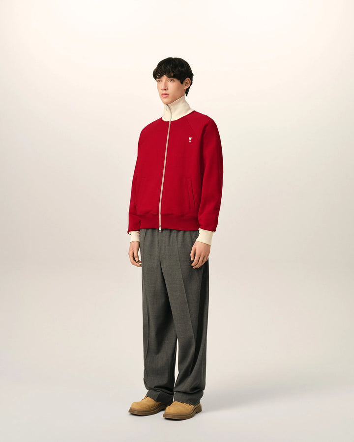 AMI PARIS - Sweatshirt zippé Ami de Cœur en coton Rouge rubis / Ivoire