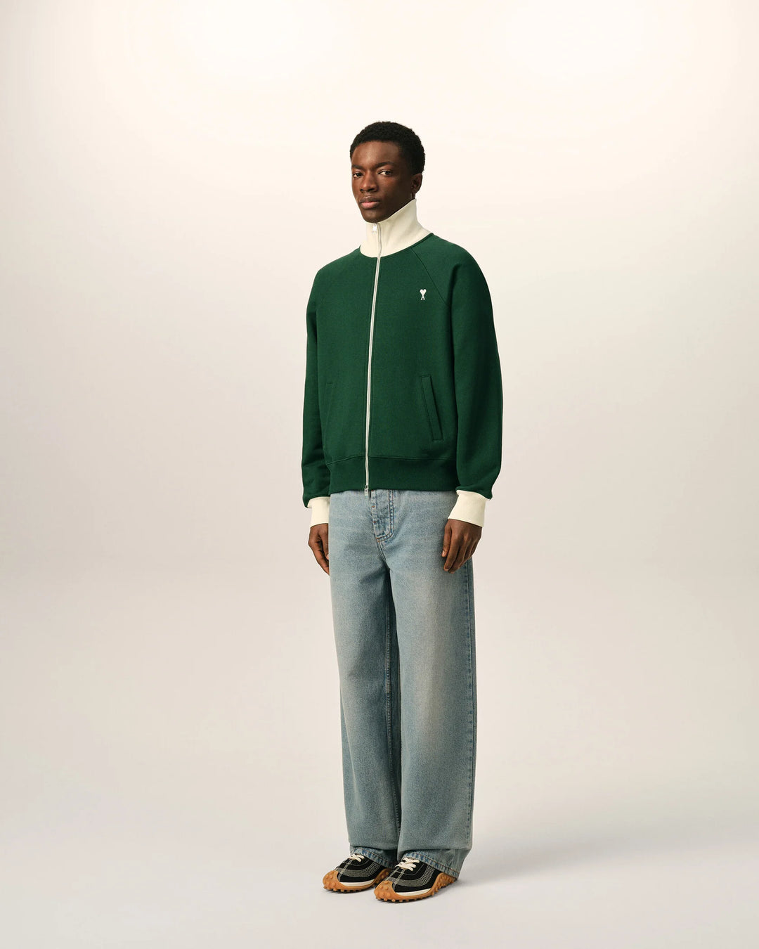 AMI PARIS - Sweat zippé Ami de Cœur Vert bouteille / Ivoire