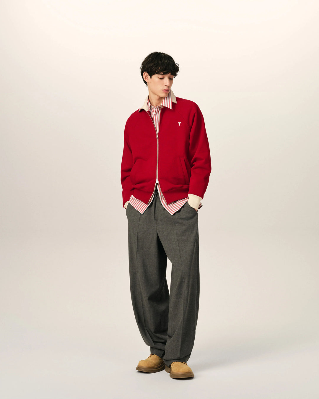 AMI PARIS - Sweatshirt zippé Ami de Cœur en coton Rouge rubis / Ivoire