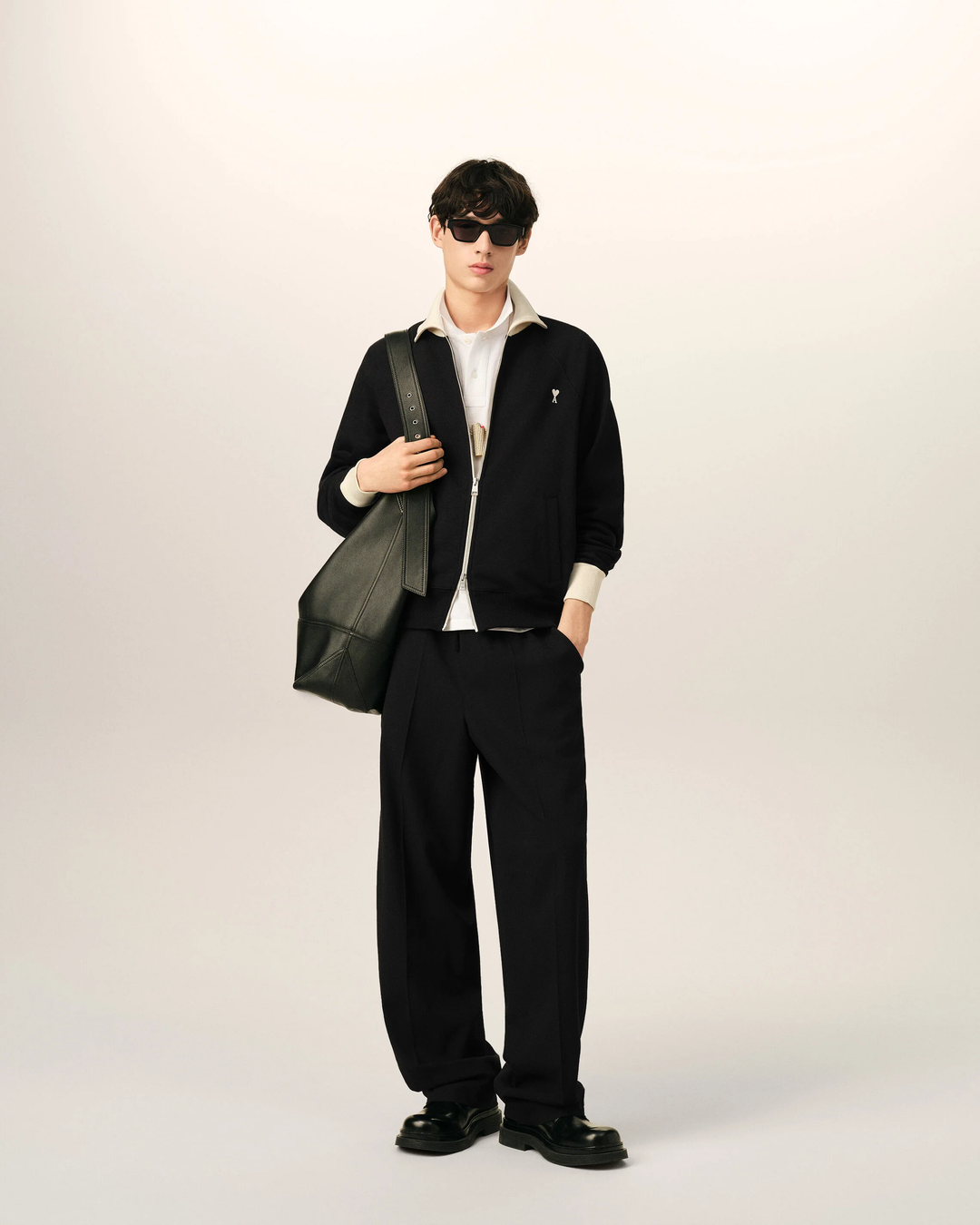 AMI PARIS - Sweatshirt zippé Ami de Cœur en coton Noir / Ivoire