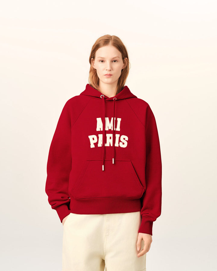 AMI PARIS - Hoodie boxy en coton brodé Ami Paris Rouge rubis / Ivoire