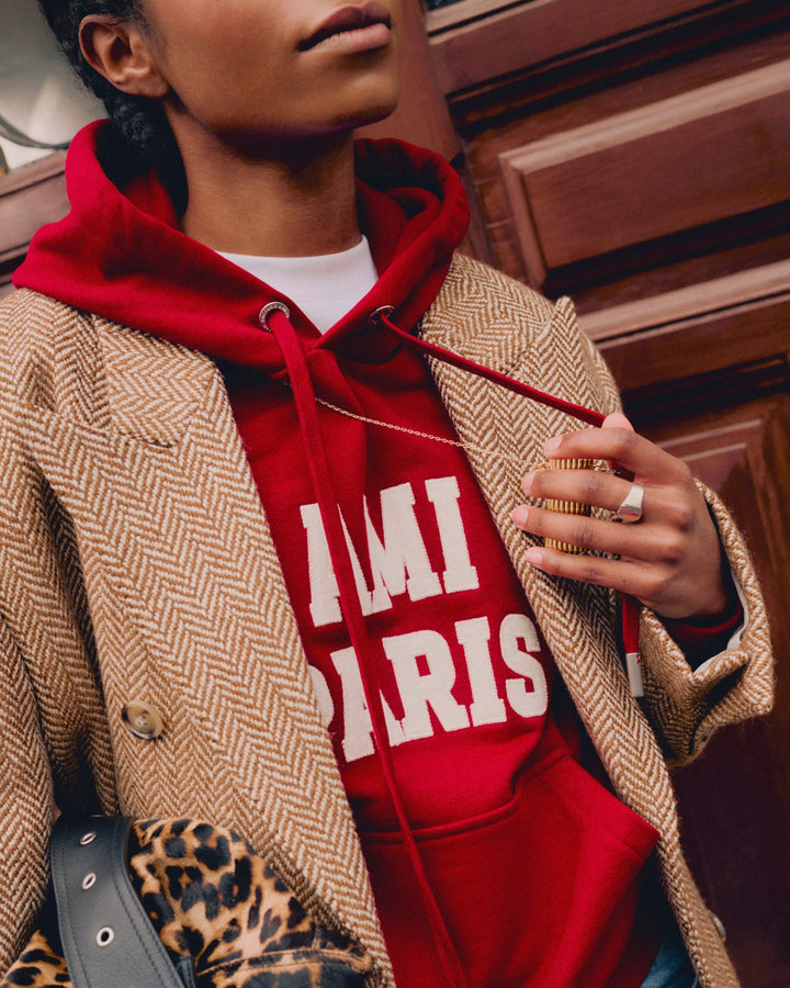 AMI PARIS - Hoodie boxy en coton brodé Ami Paris Rouge rubis / Ivoire