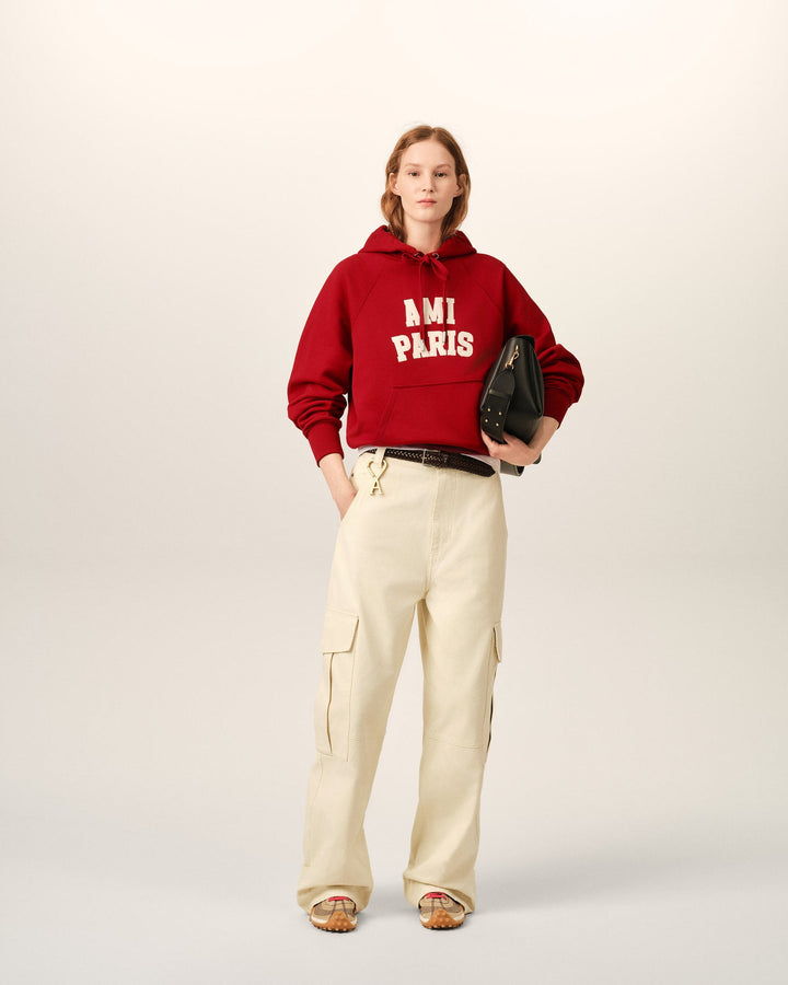 AMI PARIS - Hoodie boxy en coton brodé Ami Paris Rouge rubis / Ivoire
