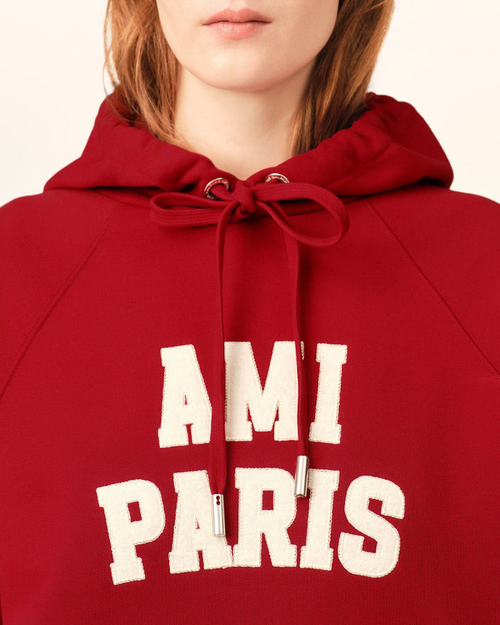 AMI PARIS - Hoodie boxy en coton brodé Ami Paris Rouge rubis / Ivoire