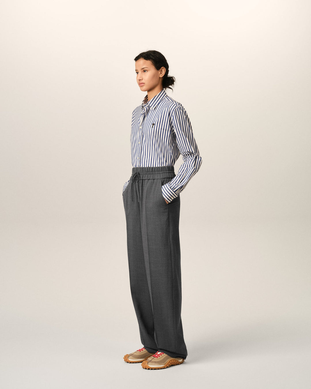 AMI PARIS - Pantalon en laine à taille élastiquée Gris anthracite
