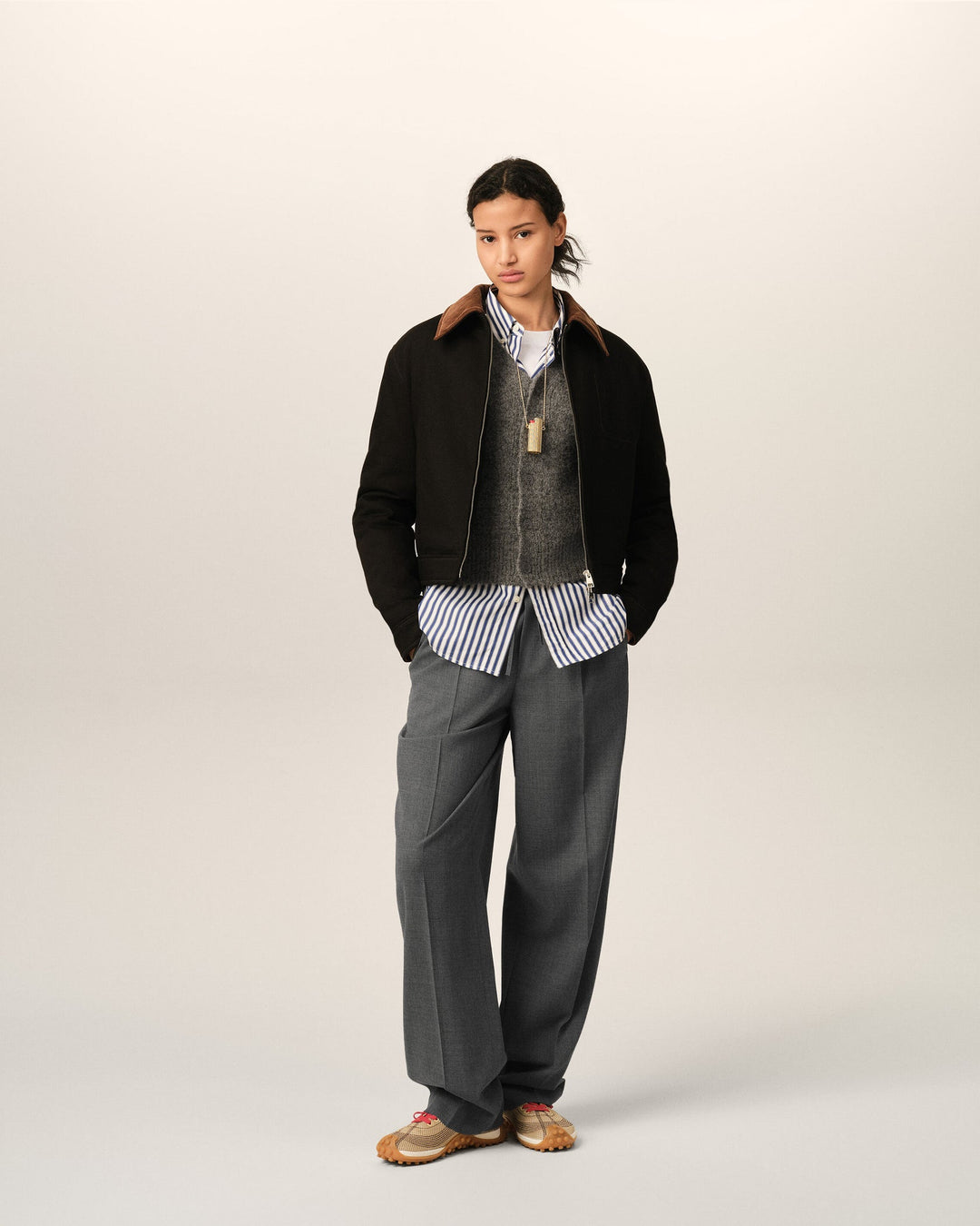 AMI PARIS - Pantalon en laine à taille élastiquée Gris anthracite