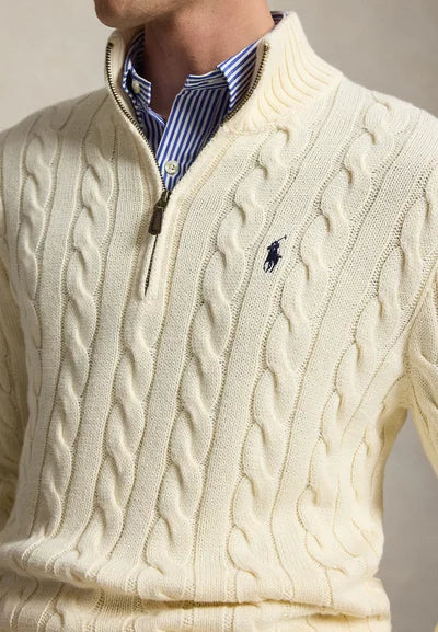 POLO RALPH LAUREN - Pull torsadé col camionneur zippé en coton Crème