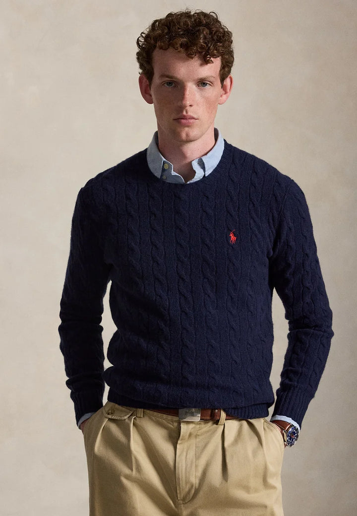 POLO RALPH LAUREN - Pull torsadé en laine et cachemire Bleu marine