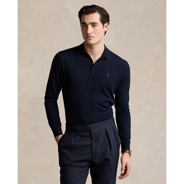 POLO RALPH LAUREN - Pull col polo en laine marine chasseur