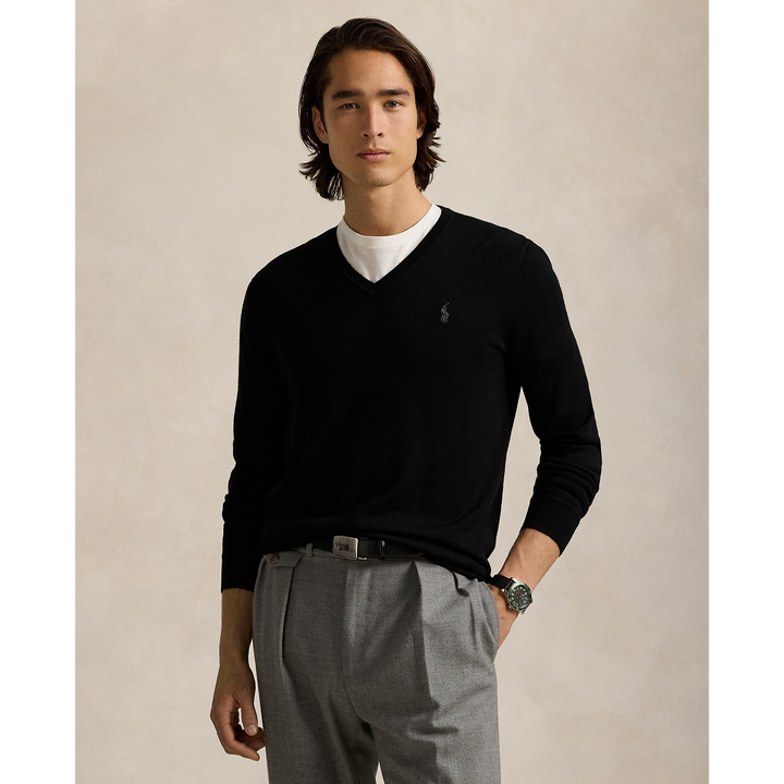 POLO RALPH LAUREN - Pull col en V en laine lavable Slim Fit polo black
