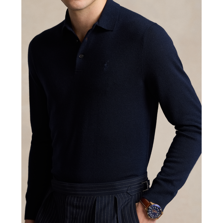 POLO RALPH LAUREN - Pull col polo en laine marine chasseur