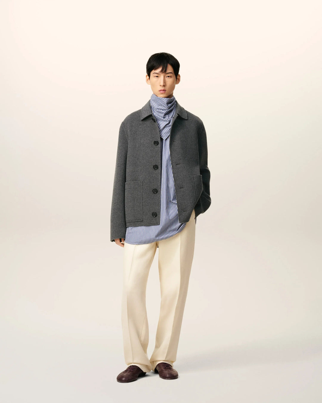 AMI - Blouson Gris Boule Boutonné en Laine Gris Chiné - Lothaire