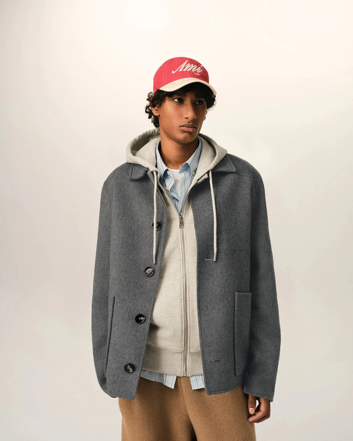 AMI PARIS - Blouson Boule Boutonné en Laine et Cachemire Gris Anthracite - Lothaire