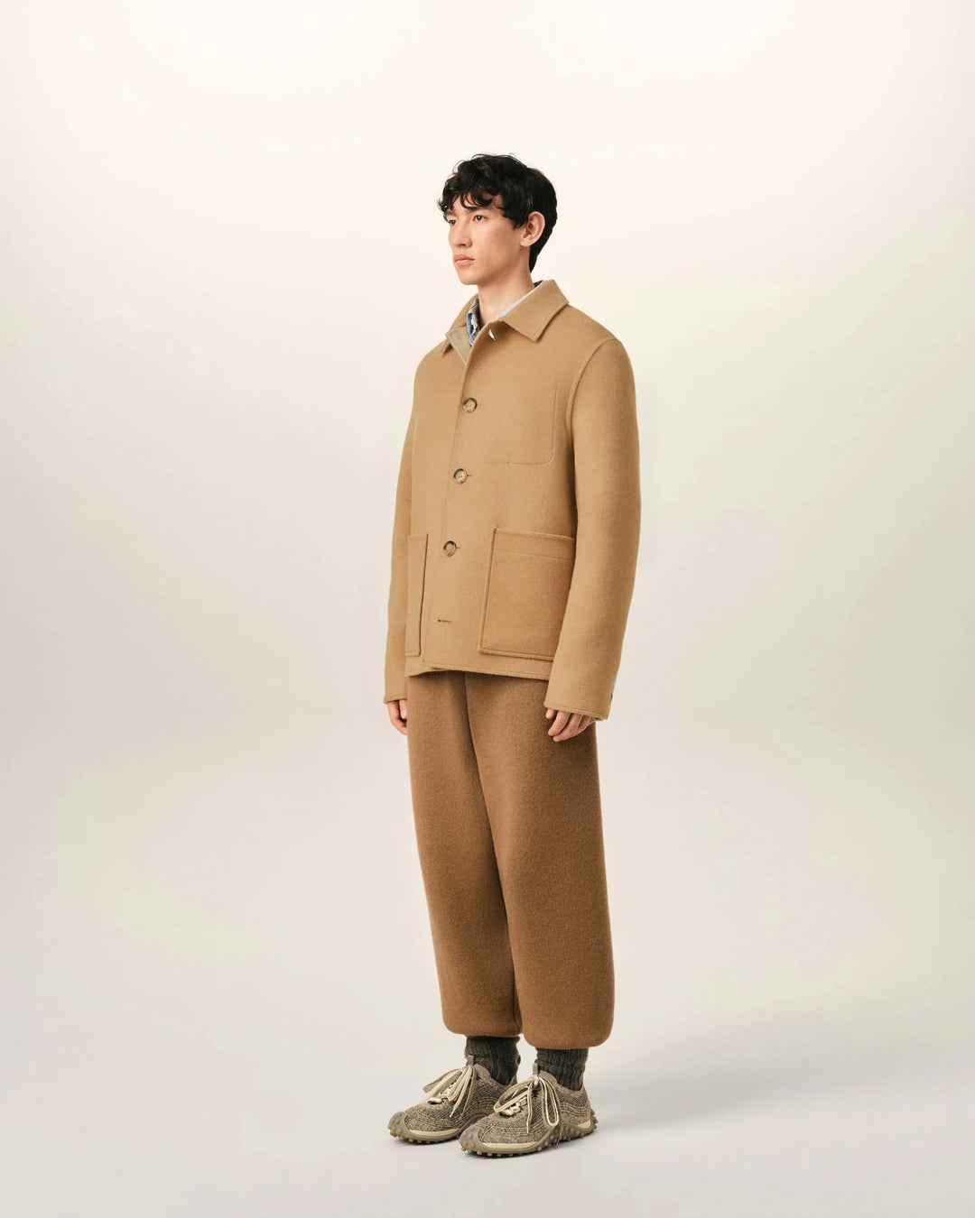 AMI PARIS - Blouson Boxy Boutonné en Laine et Cachemire Beige Taupe - Lothaire