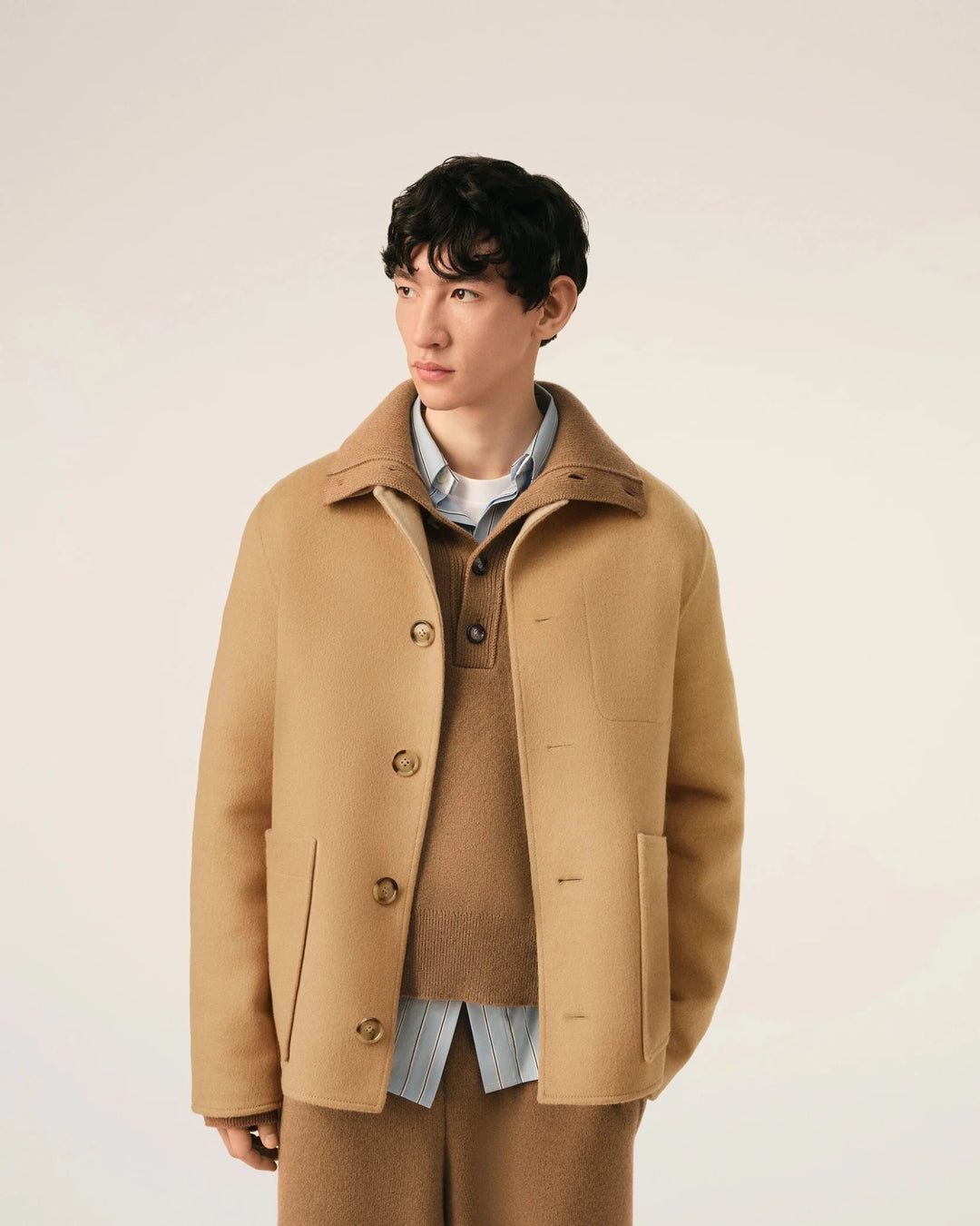 AMI PARIS - Blouson Boxy Boutonné en Laine et Cachemire Beige Taupe - Lothaire