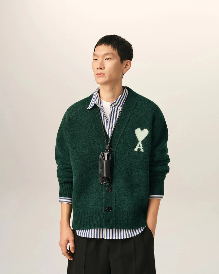 AMI PARIS - Cardigan Ami de Cœur en alpaga Vert bouteille / Écru - Lothaire