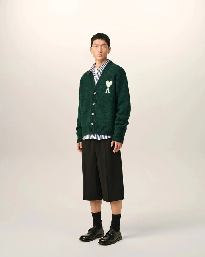 AMI PARIS - Cardigan Ami de Cœur en alpaga Vert bouteille / Écru - Lothaire