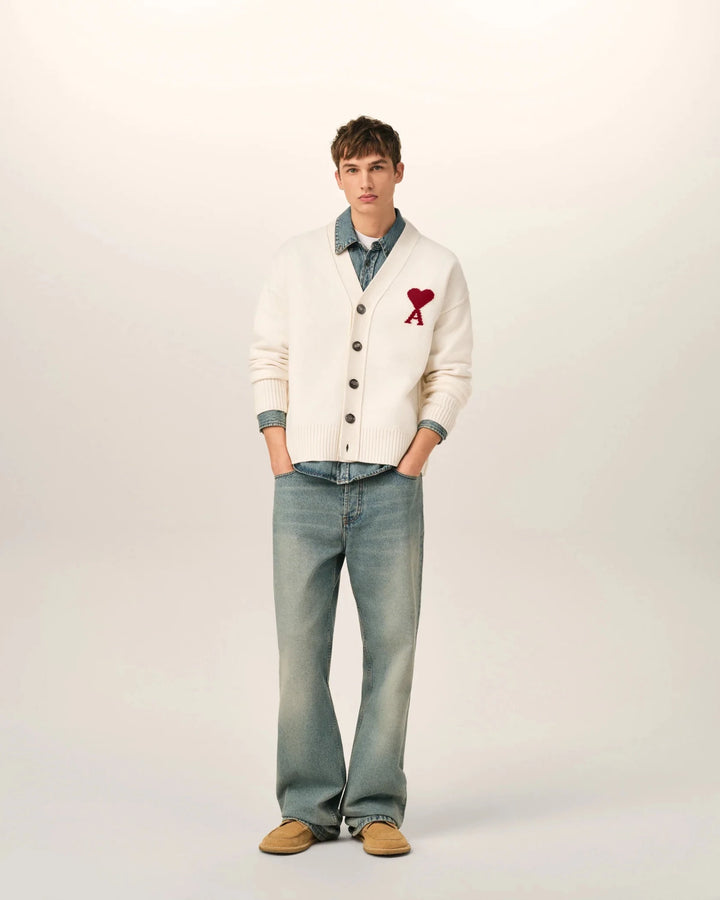 AMI PARIS - Cardigan Ami de Cœur en laine Écru / Rouge - Lothaire