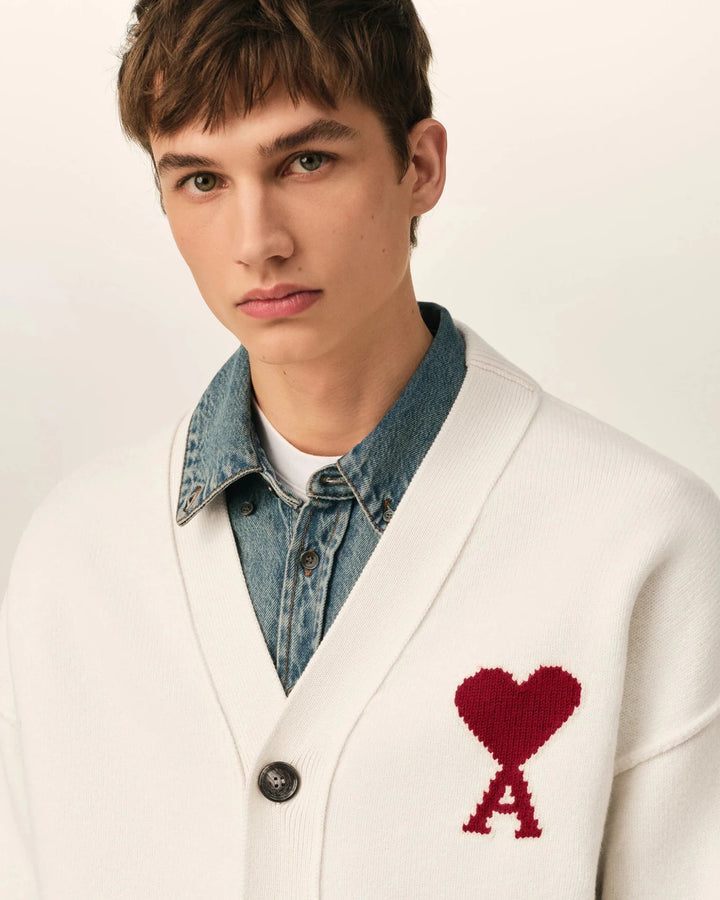 AMI PARIS - Cardigan Ami de Cœur en laine Écru / Rouge - Lothaire