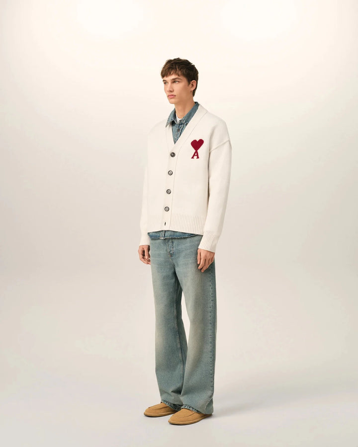 AMI PARIS - Cardigan Ami de Cœur en laine Écru / Rouge - Lothaire