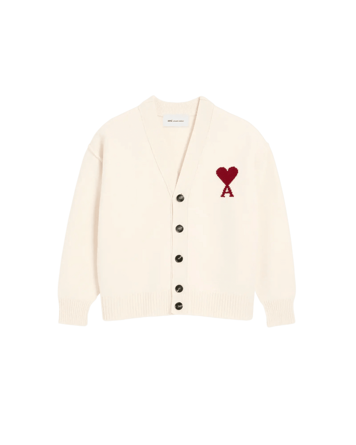 AMI PARIS - Cardigan Ami de Cœur en laine Écru / Rouge - Lothaire