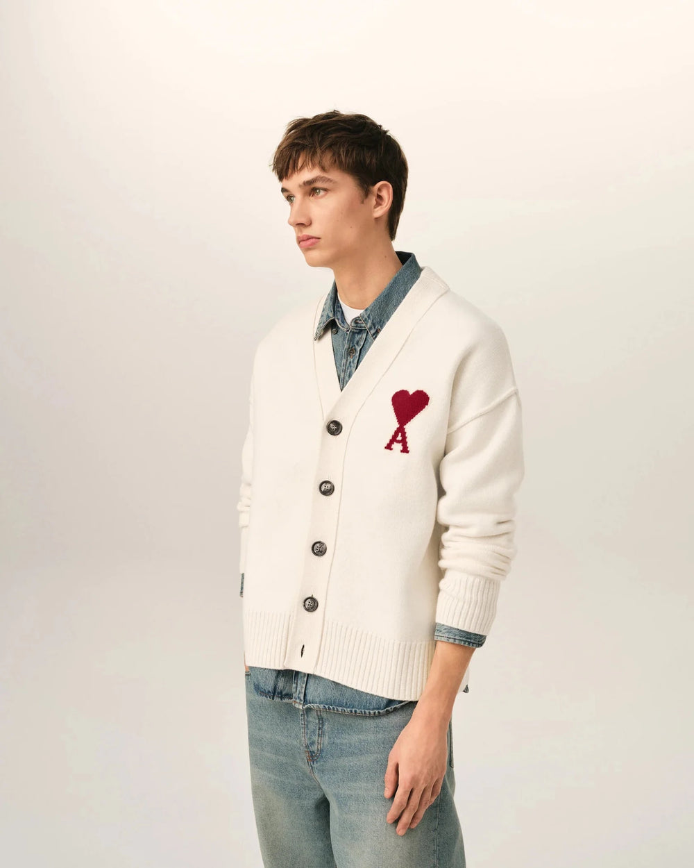 AMI PARIS - Cardigan Ami de Cœur en laine Écru / Rouge - Lothaire