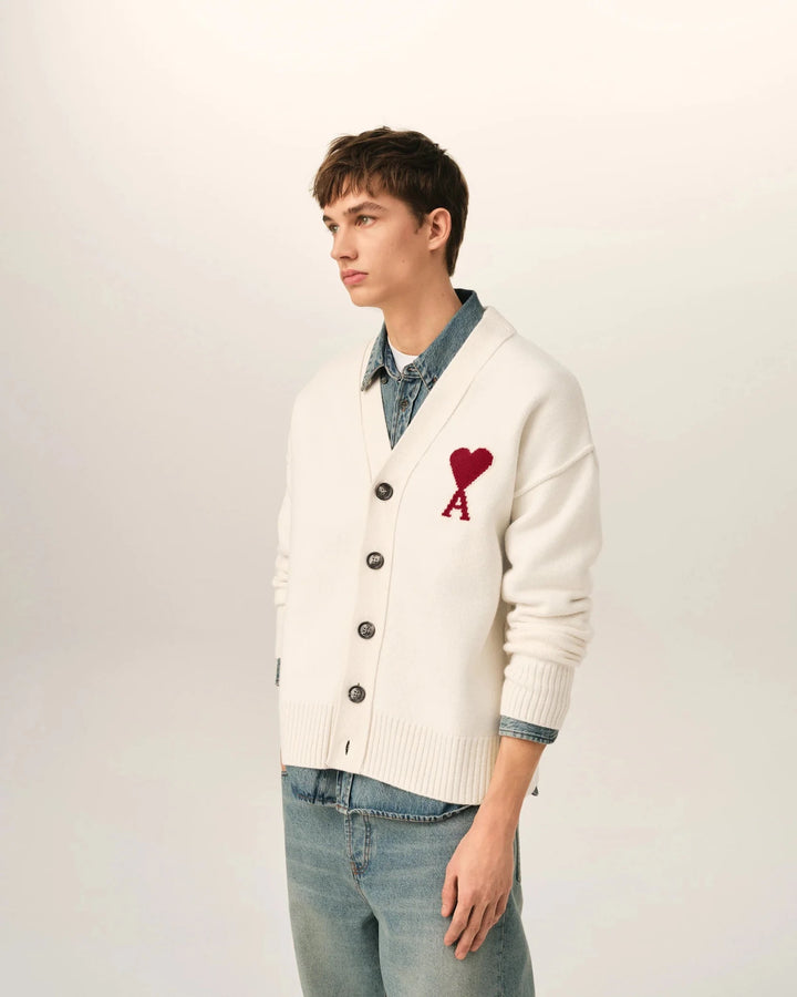 AMI PARIS - Cardigan Ami de Cœur en laine Écru / Rouge - Lothaire