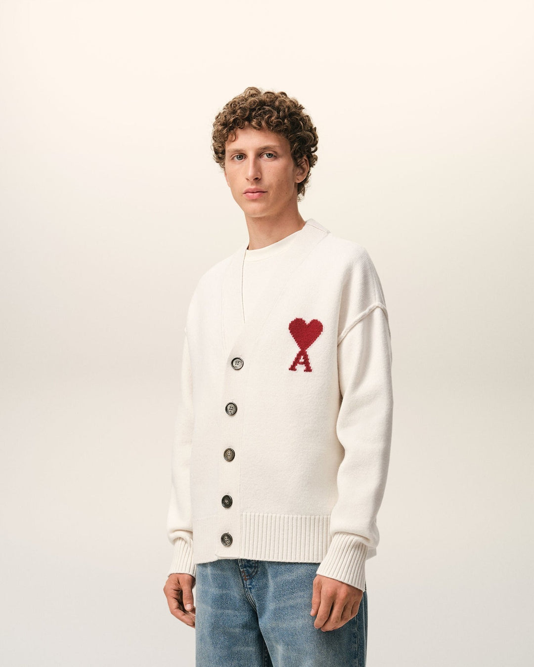 AMI PARIS - Cardigan in Felted Merino Wool Knit Blanc cassé - Lothaire