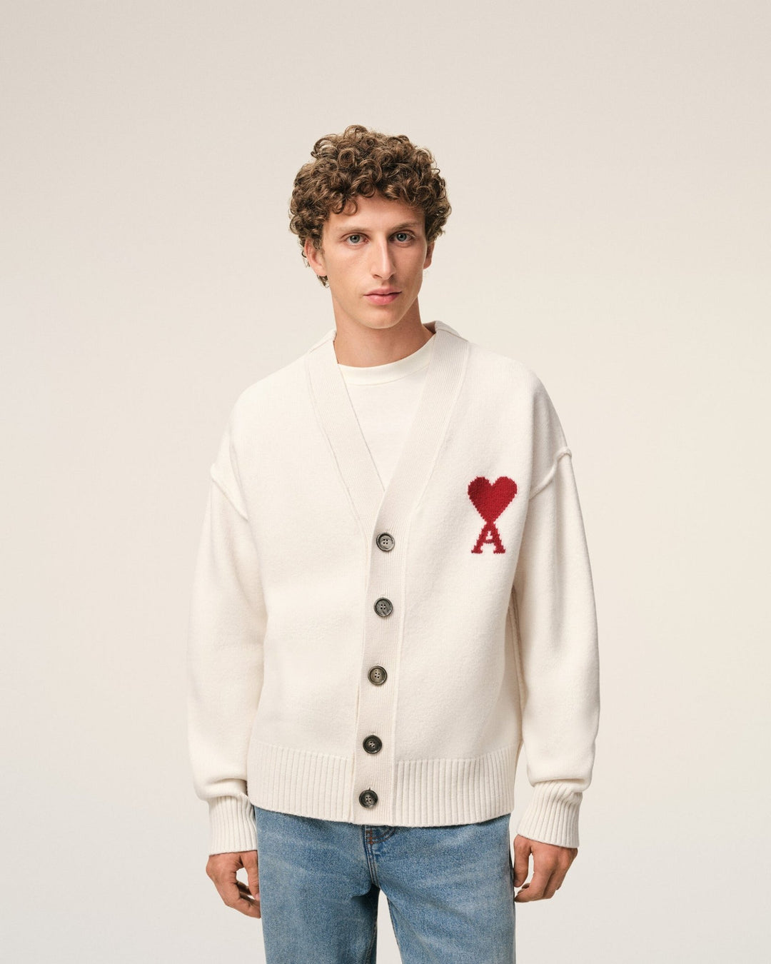 AMI PARIS - Cardigan in Felted Merino Wool Knit Blanc cassé - Lothaire