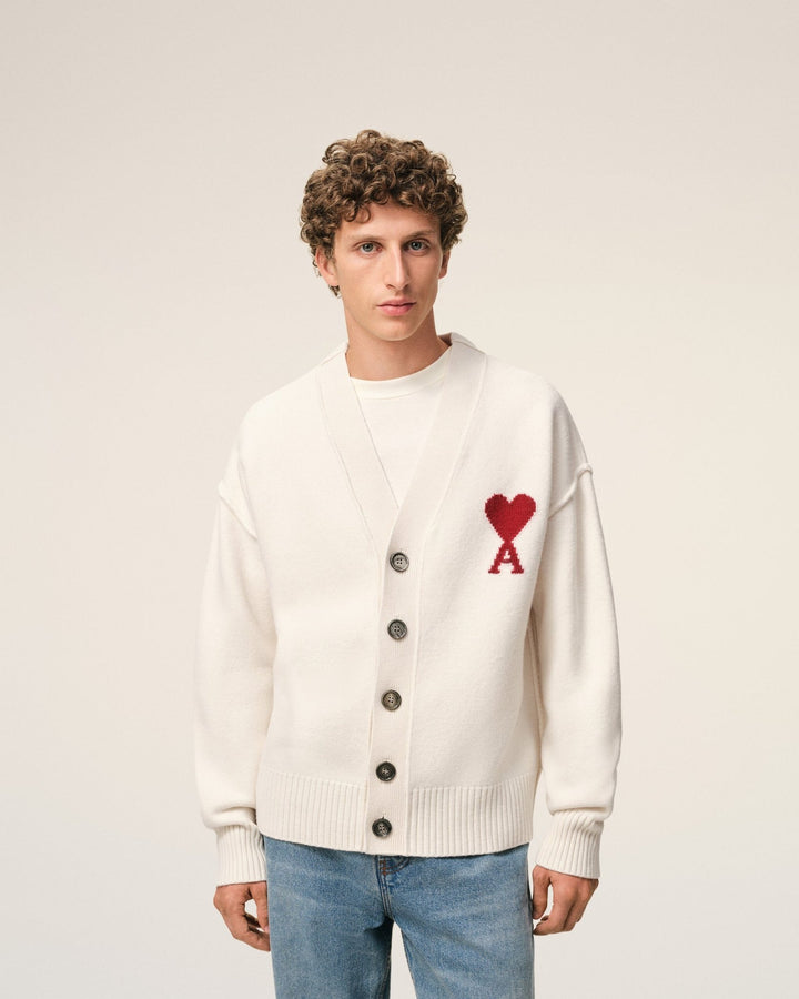 AMI PARIS - Cardigan in Felted Merino Wool Knit Blanc cassé - Lothaire