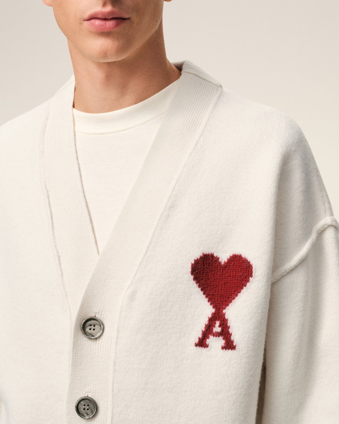 AMI PARIS - Cardigan in Felted Merino Wool Knit Blanc cassé - Lothaire