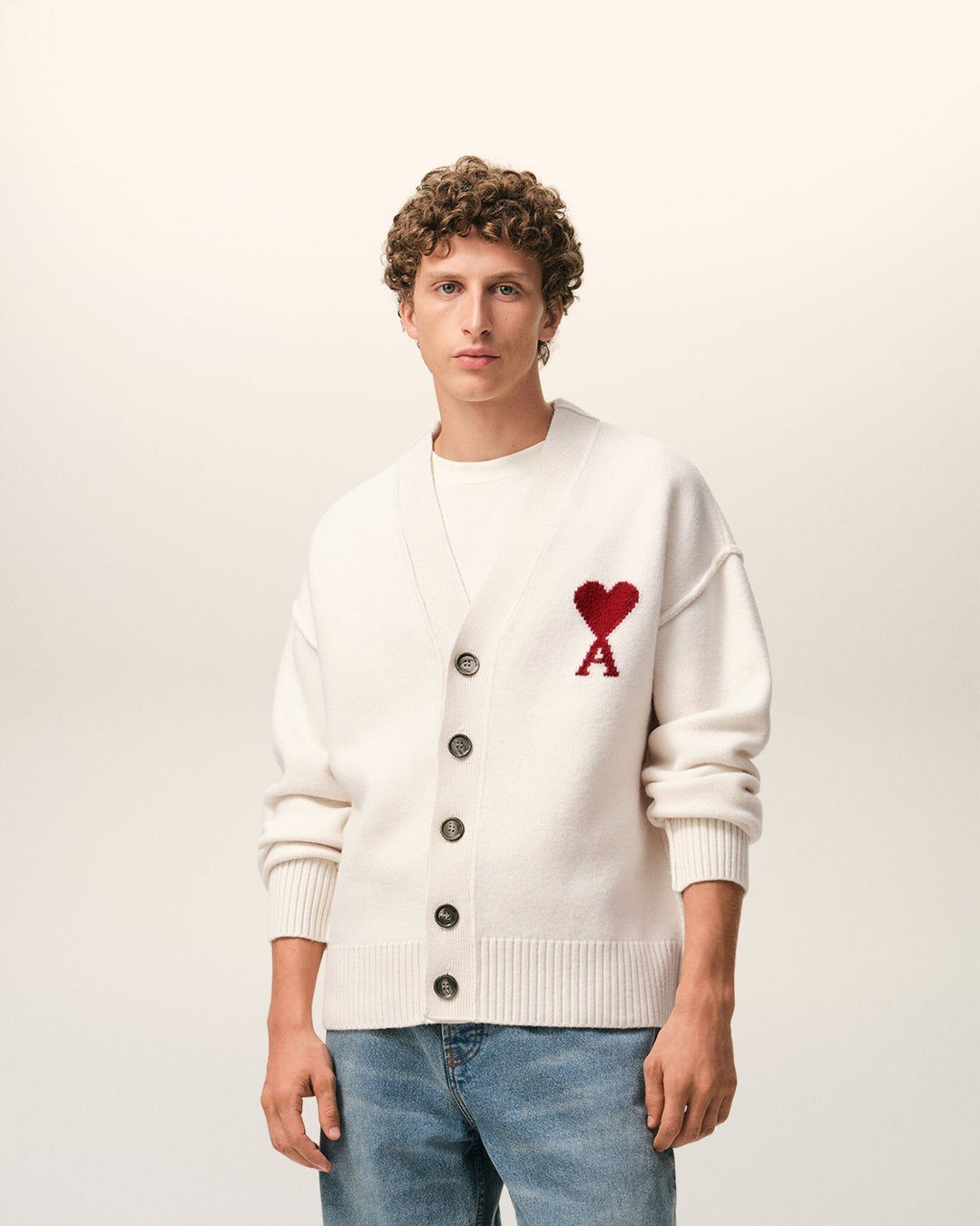 AMI PARIS - Cardigan in Felted Merino Wool Knit Blanc cassé - Lothaire