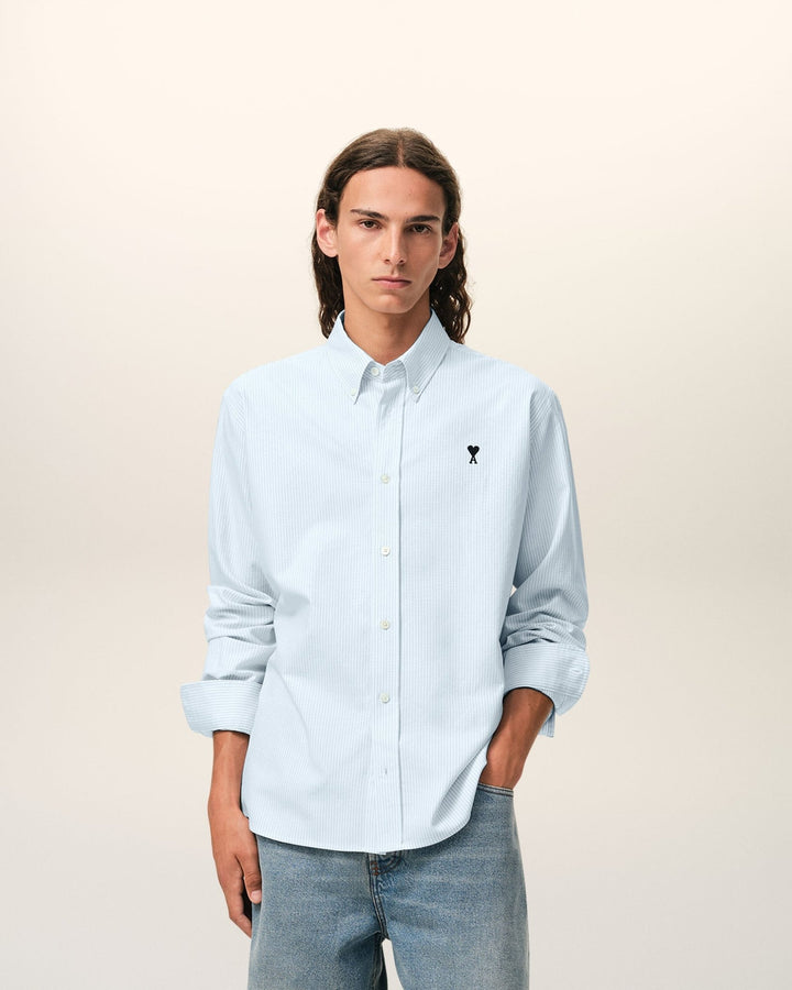 AMI PARIS - Chemise Boutonnée Ami de Coeur en Coton Oxford Bleu ciel à rayures - Lothaire