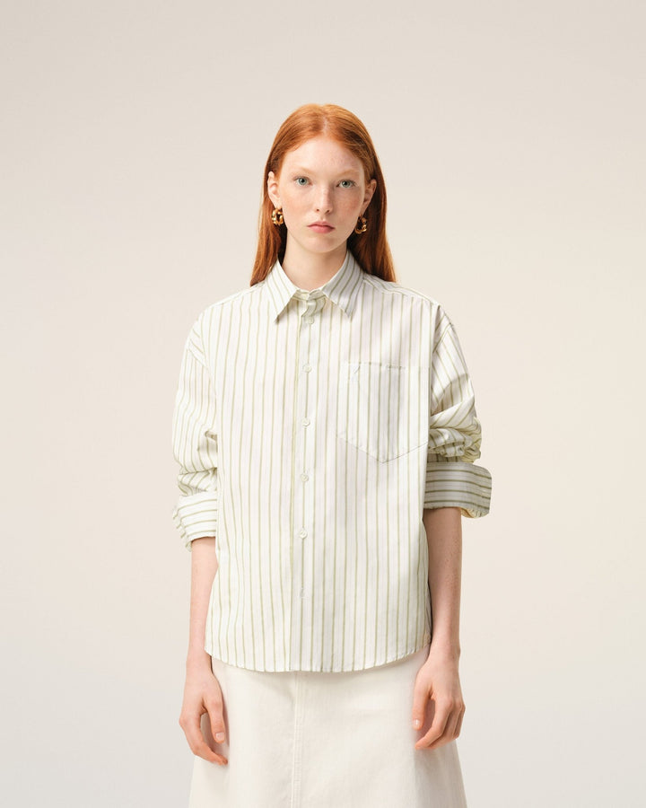 AMI PARIS - Chemise boxy Ami De Coeur en coton rayé Blanc / Vert Matcha - Lothaire