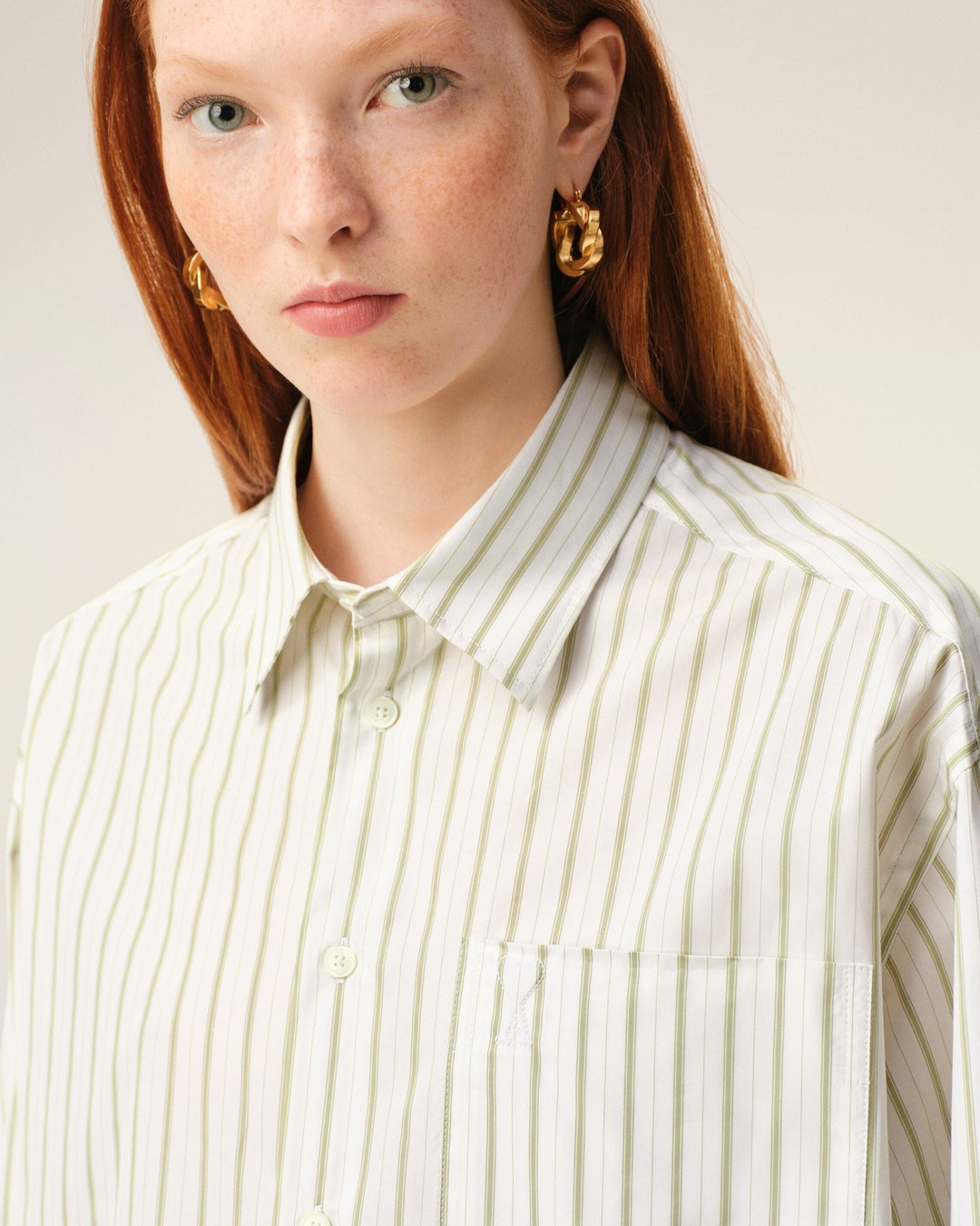 AMI PARIS - Chemise boxy Ami De Coeur en coton rayé Blanc / Vert Matcha - Lothaire