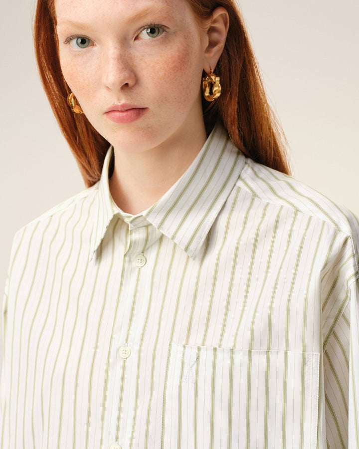 AMI PARIS - Chemise boxy Ami De Coeur en coton rayé Blanc / Vert Matcha - Lothaire