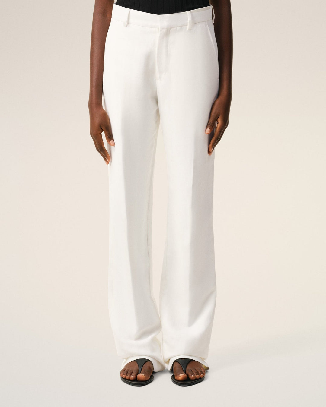 AMI PARIS - Pantalon Droit Blanc Taille Basse en Lin Mélangé Blanc crème - Lothaire