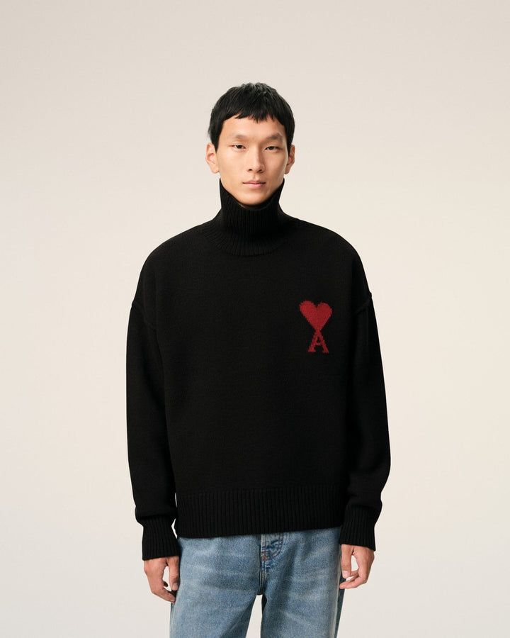 AMI PARIS – Pull à col montant en laine Ami de Cœur Noir / Rouge - Lothaire