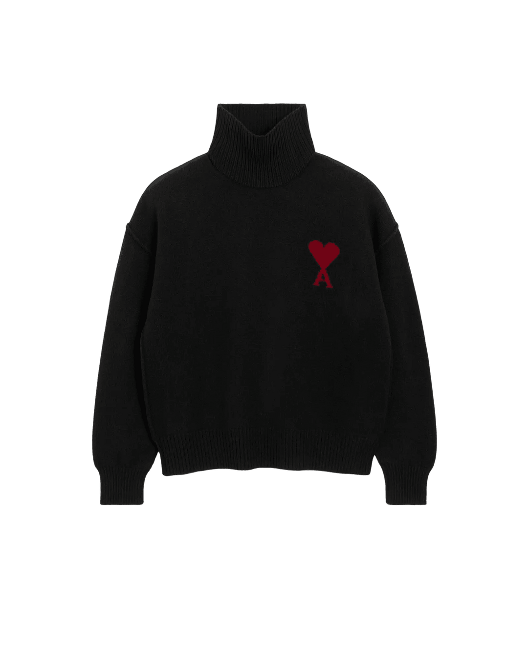 AMI PARIS – Pull à col montant en laine Ami de Cœur Noir / Rouge - Lothaire