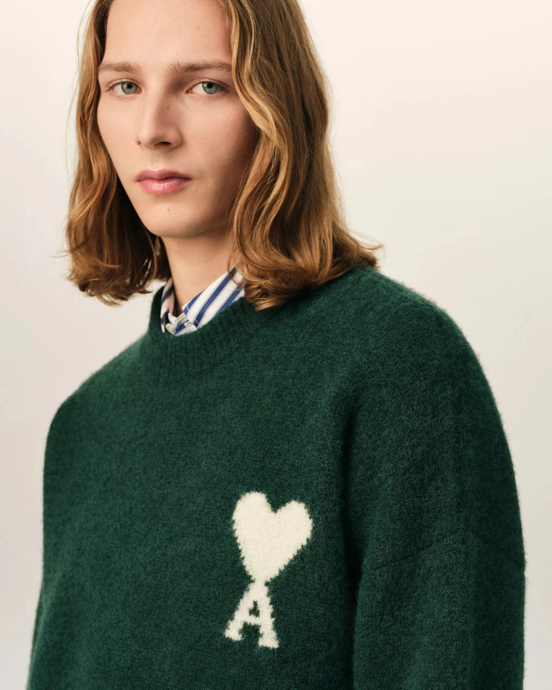 AMI PARIS - Pull Ami de Cœur en alpaga Vert bouteille / Écru - Lothaire