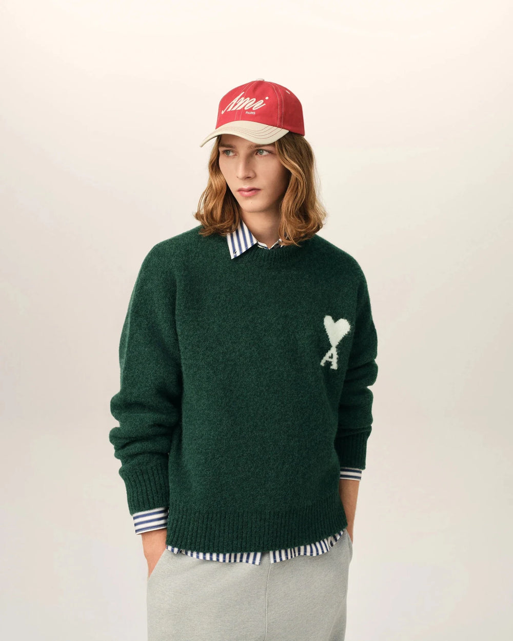 AMI PARIS - Pull Ami de Cœur en alpaga Vert bouteille / Écru - Lothaire