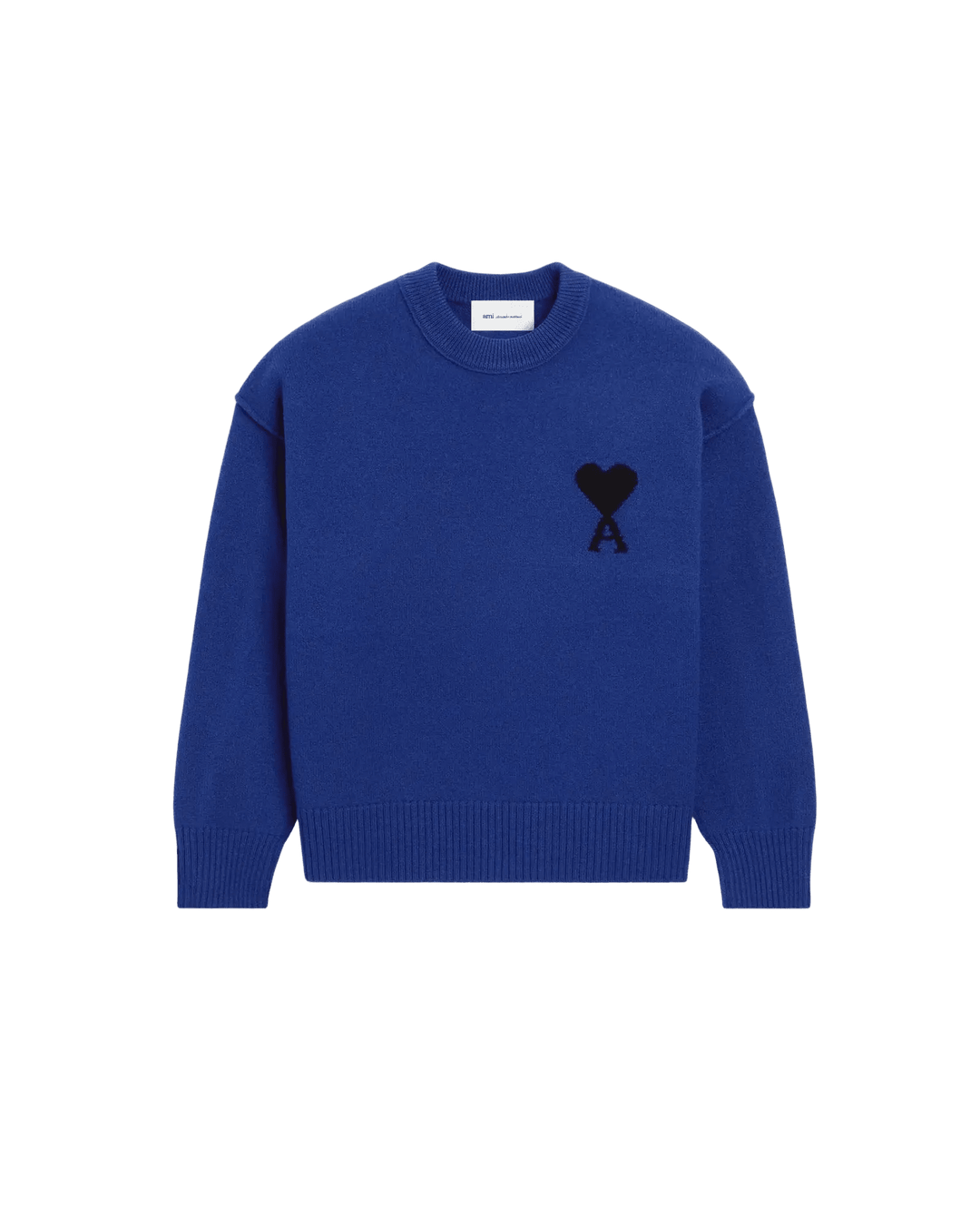 AMI PARIS - Pull Ami de Cœur en Laine Mérinos Feutrée Bleu Roi et Noir - Lothaire